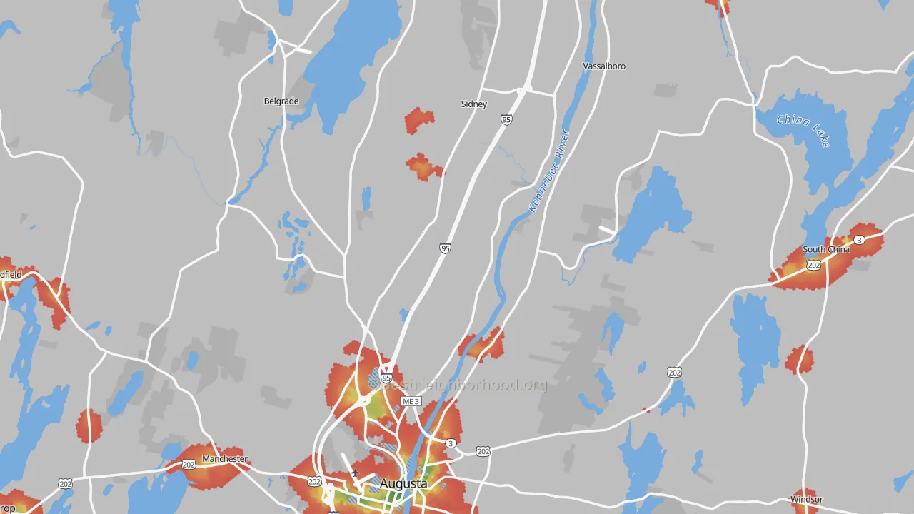 Walk Grade map of Kennebec County, ME, walkable areas in green and car-dependent areas in red