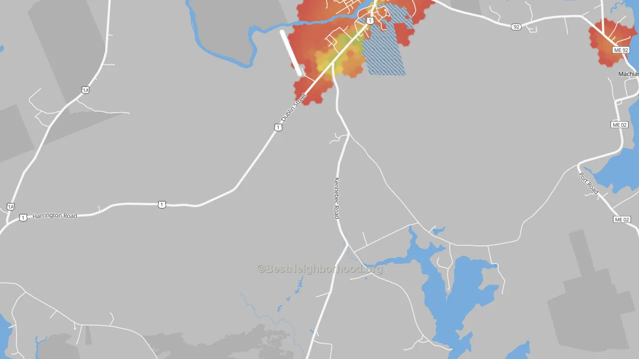 Walk Grade map of Kennebec, ME, walkable areas in green and car-dependent areas in red