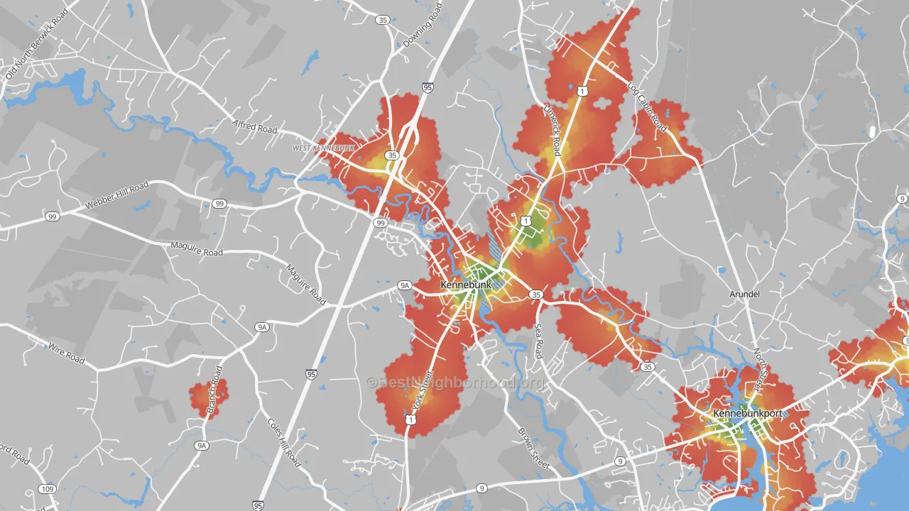 Walk Grade map of Kennebunk, ME, walkable areas in green and car-dependent areas in red