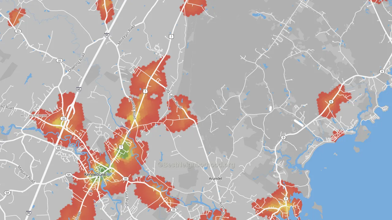 Walk Grade map of Kennebunkport, ME, walkable areas in green and car-dependent areas in red