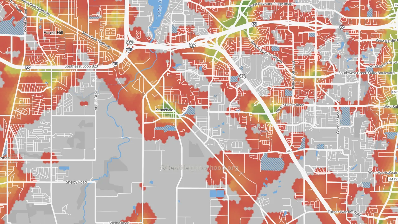 Walk Grade map of Kennedale, TX, walkable areas in green and car-dependent areas in red