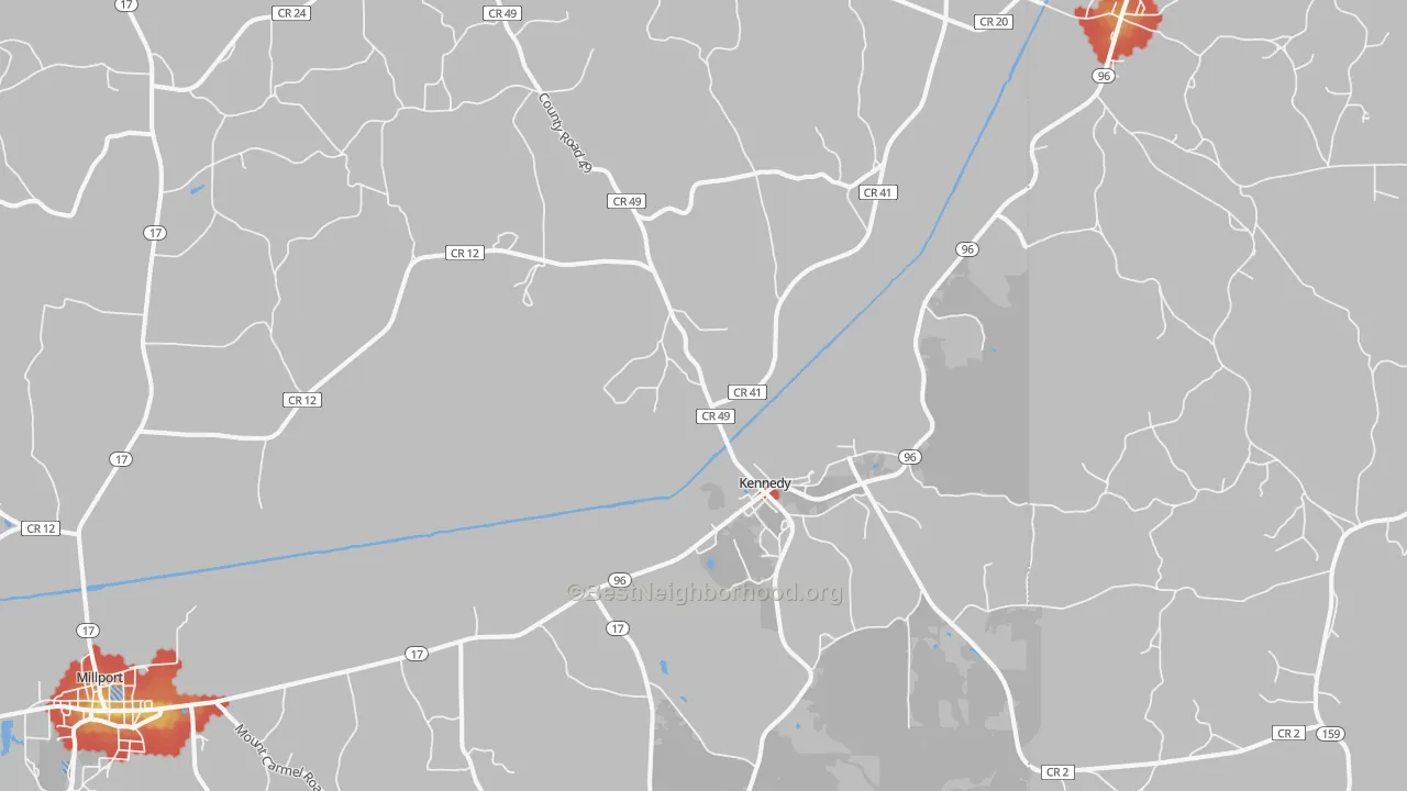 Walk Grade map of Kennedy, AL, walkable areas in green and car-dependent areas in red