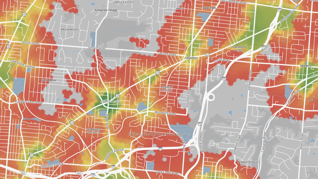 Walk Grade map of Kennedy Heights, Cincinnati, OH, walkable areas in green and car-dependent areas in red