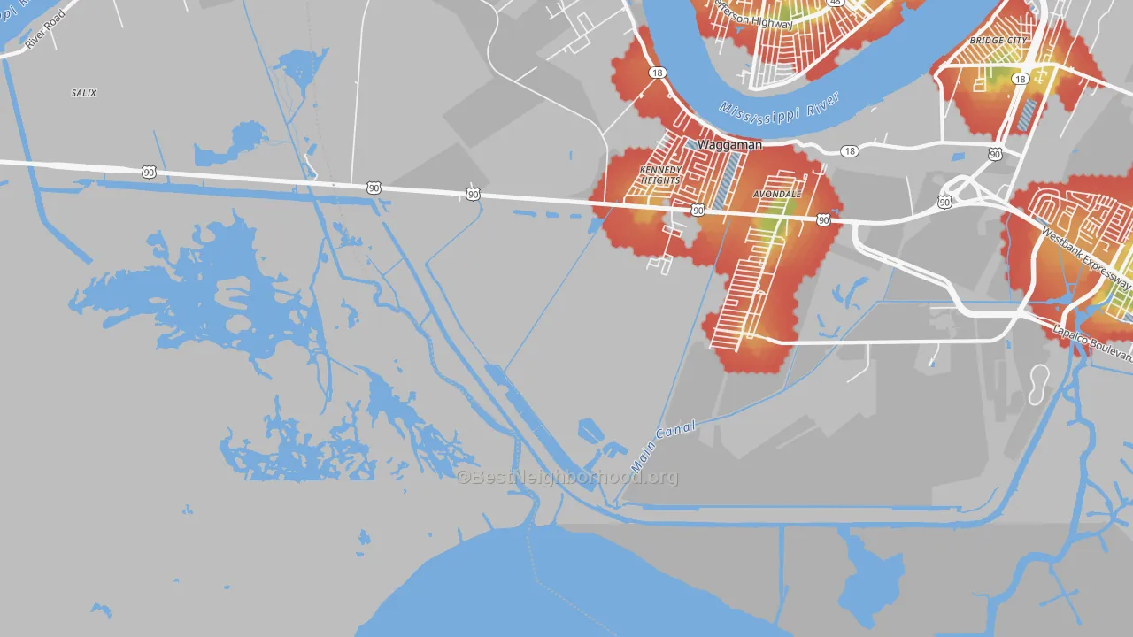 Walk Grade map of Kennedy Heights, LA, walkable areas in green and car-dependent areas in red