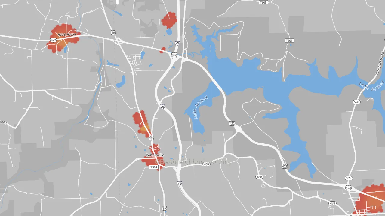 Walk Grade map of Kennedy Mill, PA, walkable areas in green and car-dependent areas in red