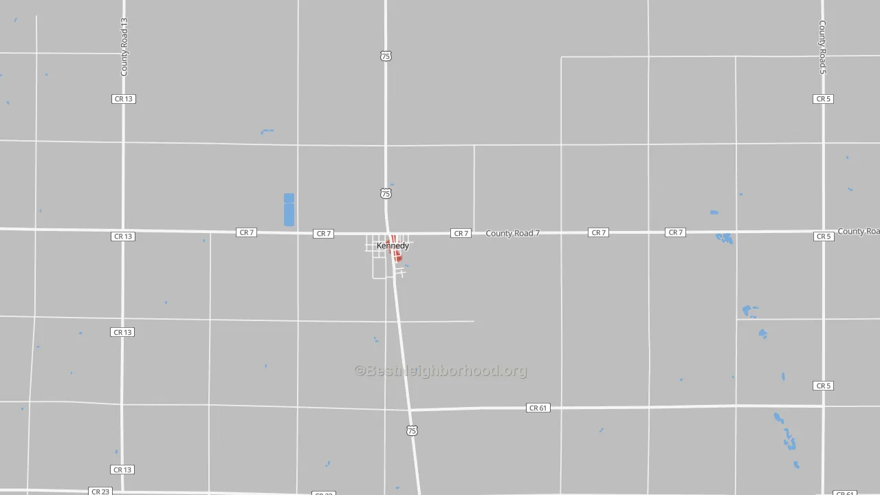Walk Grade map of Kennedy, MN, walkable areas in green and car-dependent areas in red