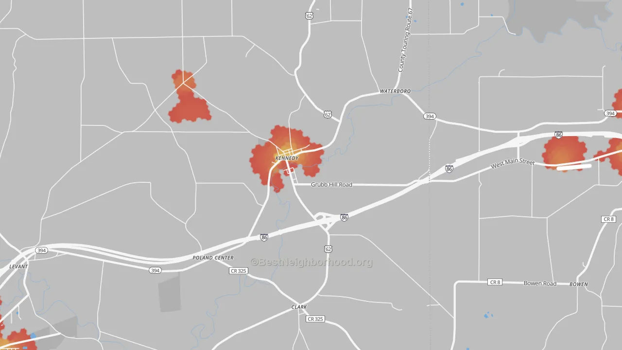 Walk Grade map of Kennedy, NY, walkable areas in green and car-dependent areas in red