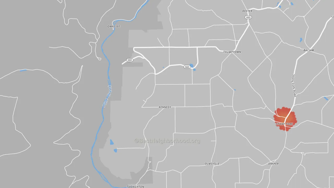 Walk Grade map of Kennedy, PA, walkable areas in green and car-dependent areas in red