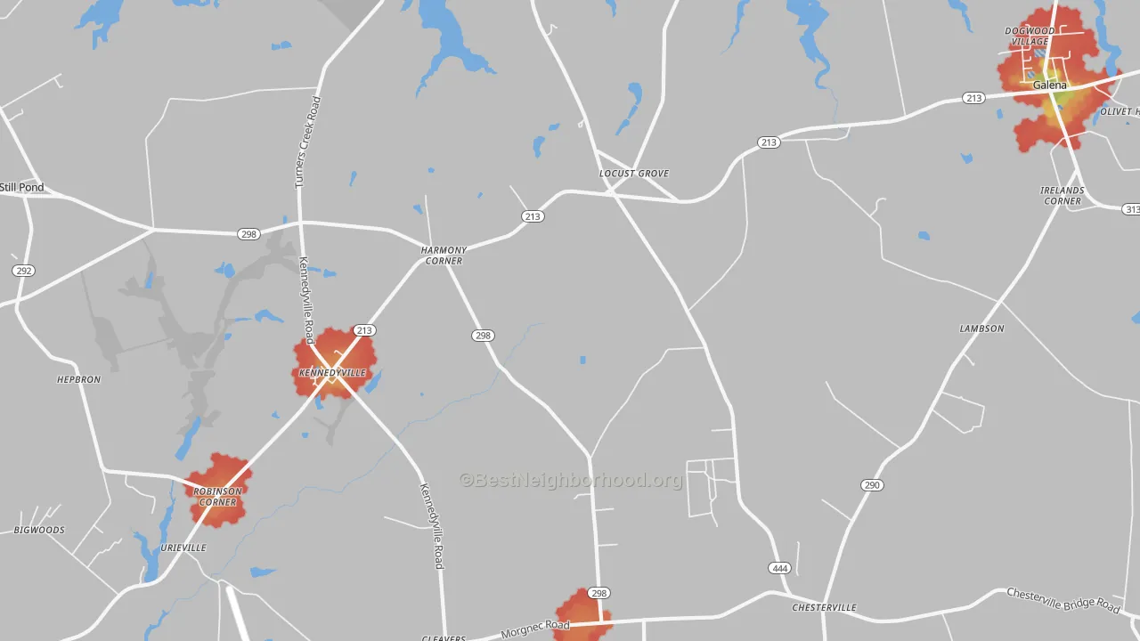 Walk Grade map of Kennedyville, MD, walkable areas in green and car-dependent areas in red