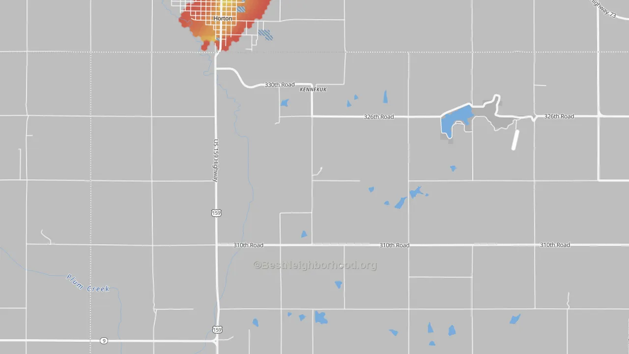 Walk Grade map of Kennekuk, KS, walkable areas in green and car-dependent areas in red