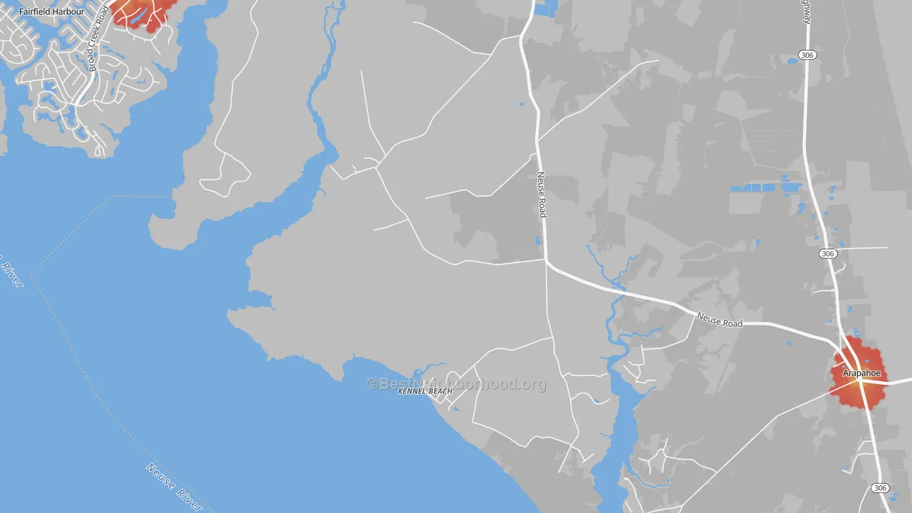 Walk Grade map of Kennel Beach, NC, walkable areas in green and car-dependent areas in red