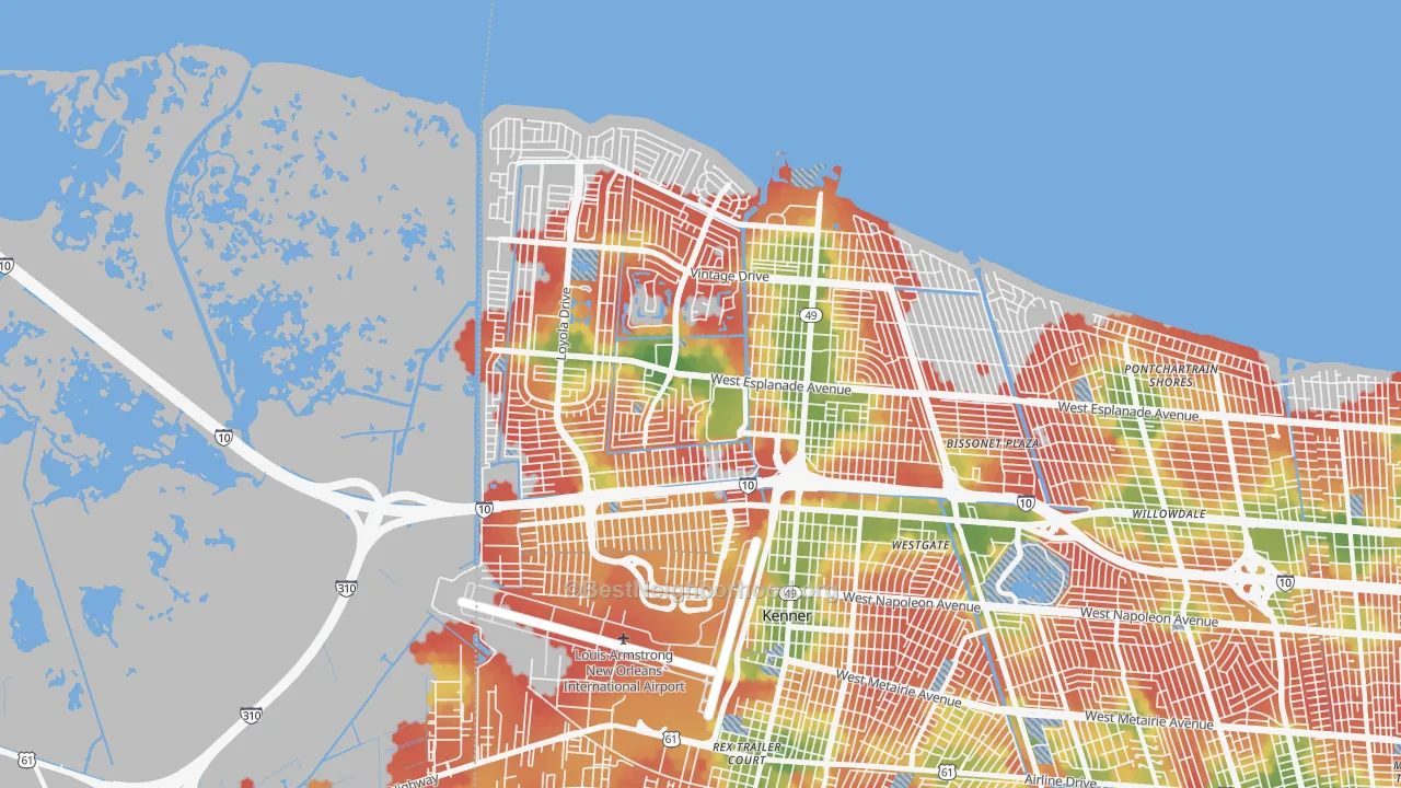 Walk Grade map of Kenner, LA, walkable areas in green and car-dependent areas in red