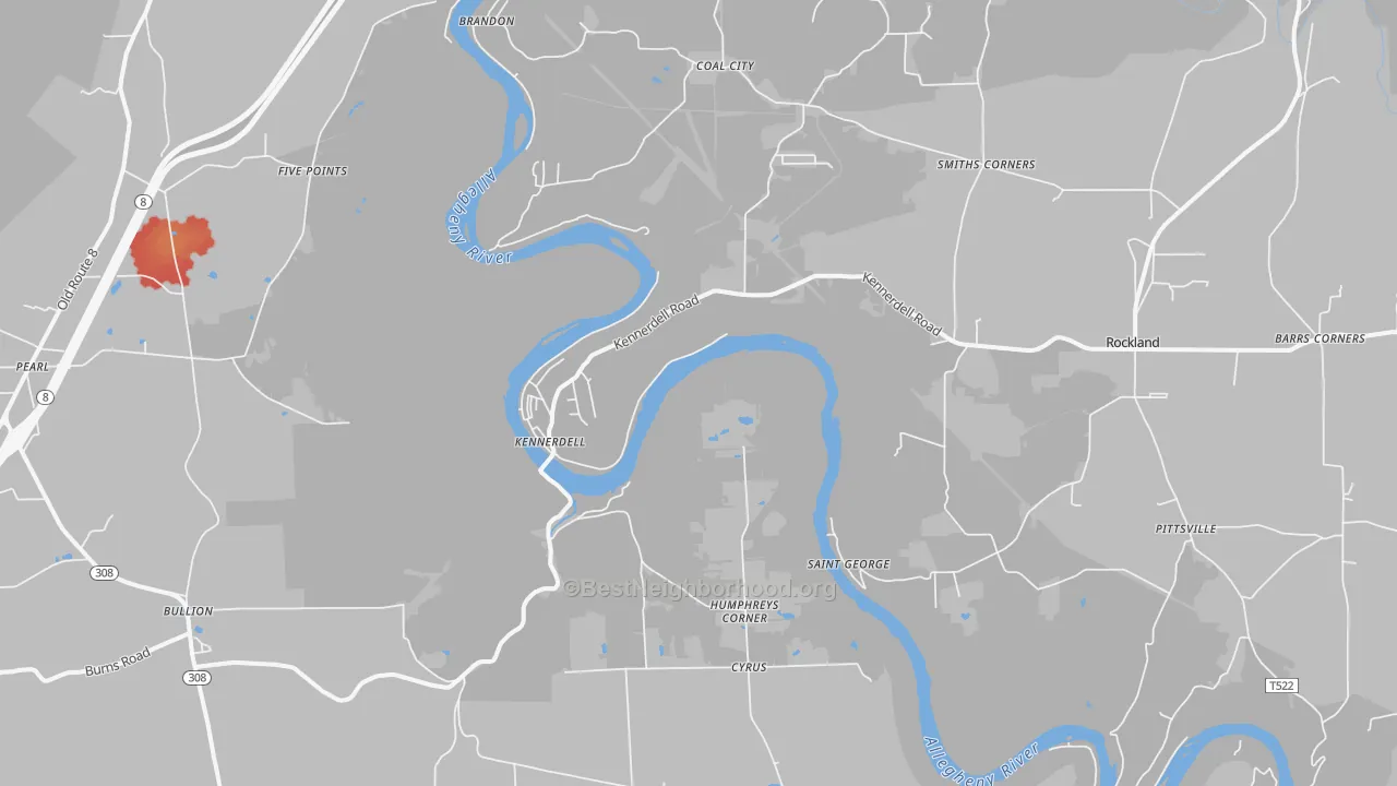 Walk Grade map of Kennerdell, PA, walkable areas in green and car-dependent areas in red