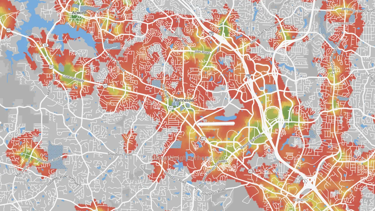 Walk Grade map of Kennesaw, GA, walkable areas in green and car-dependent areas in red