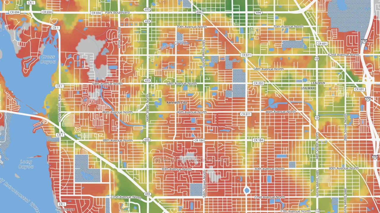 Walk Grade map of Kenneth City, FL, walkable areas in green and car-dependent areas in red