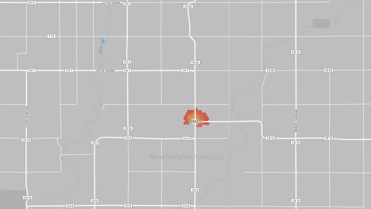 Walk Grade map of Kenneth, MN, walkable areas in green and car-dependent areas in red