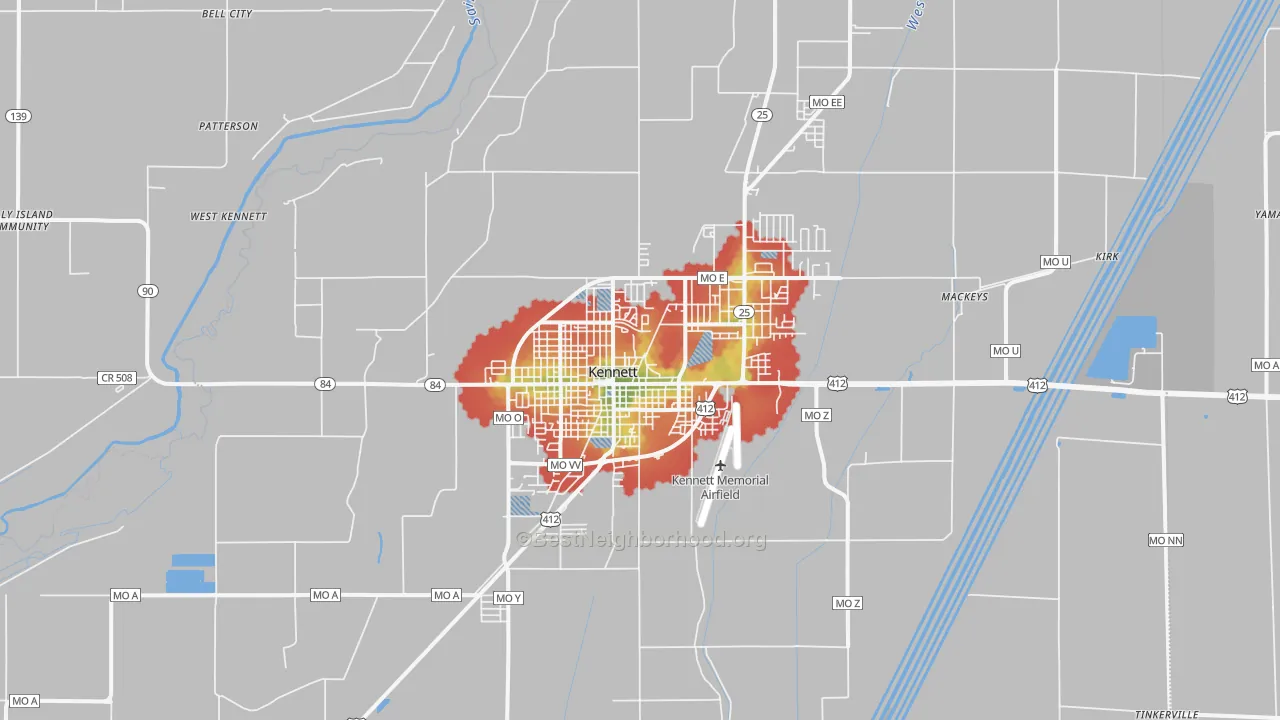 Walk Grade map of Kennett, MO, walkable areas in green and car-dependent areas in red