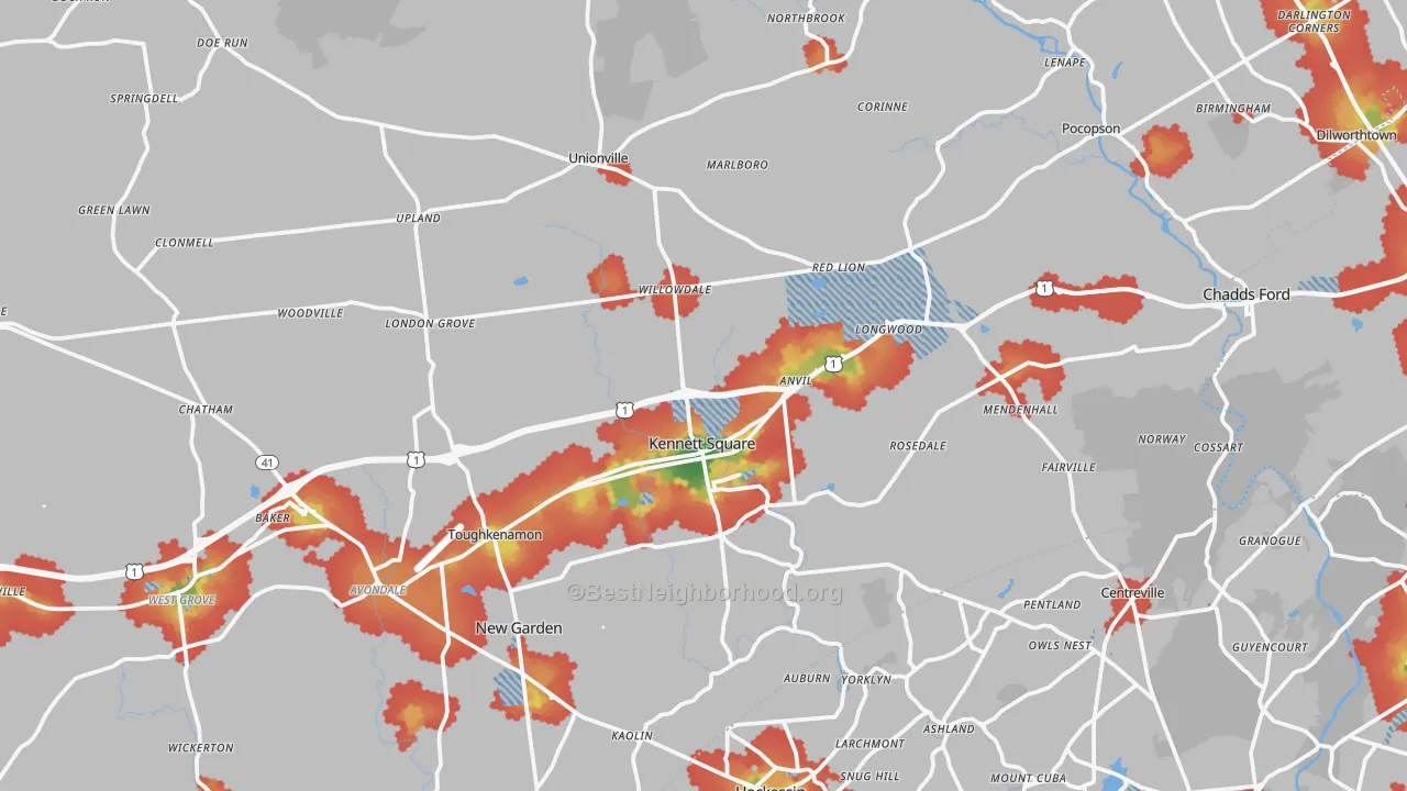 Walk Grade map of Kennett Square, PA, walkable areas in green and car-dependent areas in red