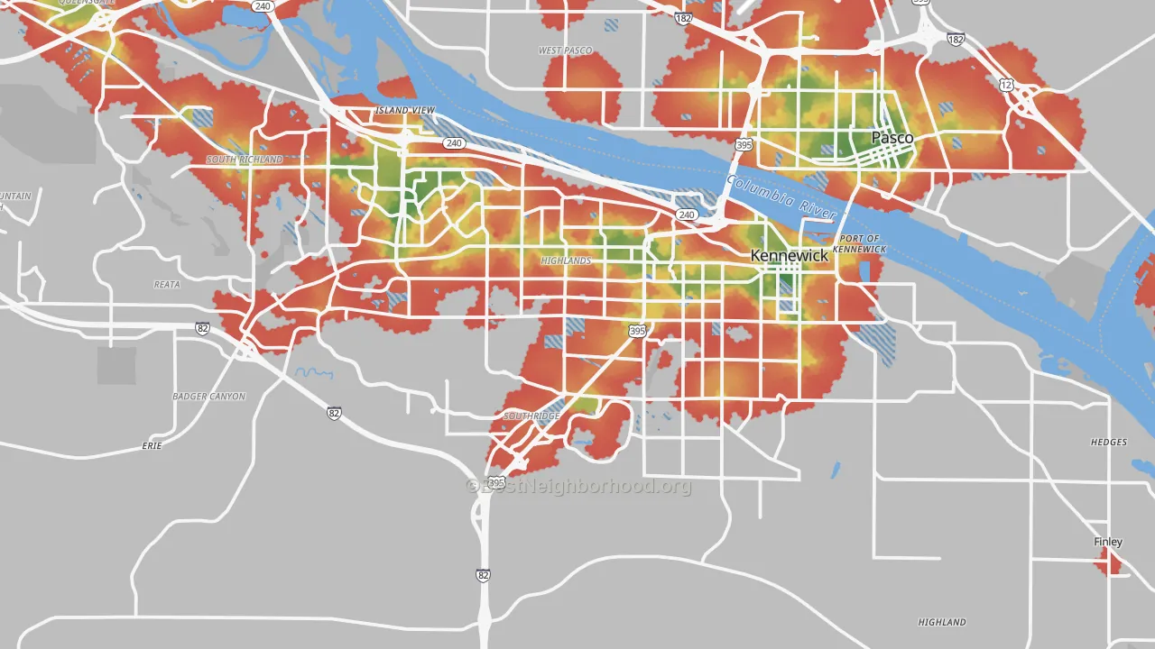 Walk Grade map of Kennewick, WA, walkable areas in green and car-dependent areas in red