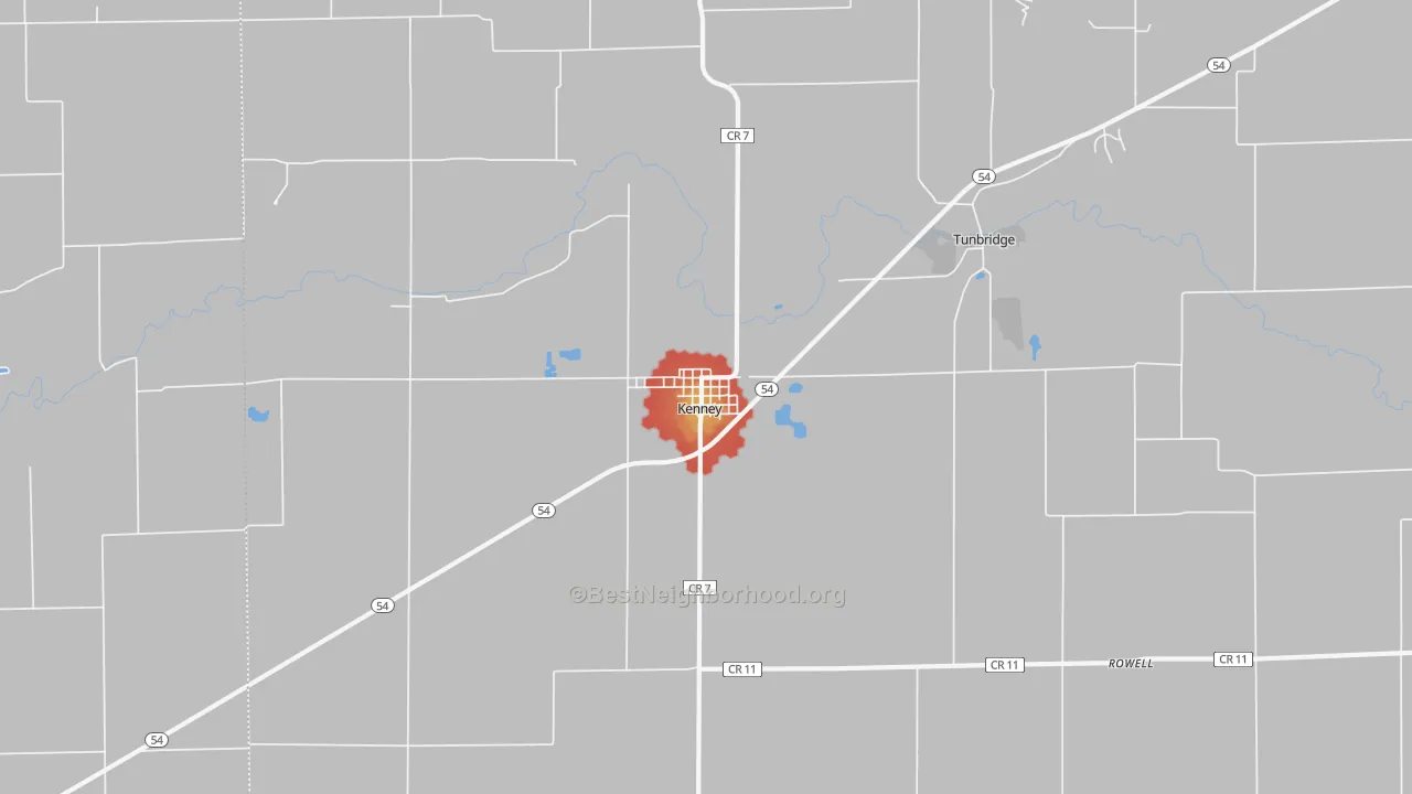 Walk Grade map of Kenney, IL, walkable areas in green and car-dependent areas in red