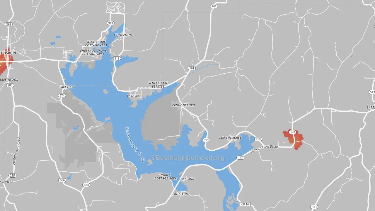 Walk Grade map of Kennonsburg, OH, walkable areas in green and car-dependent areas in red