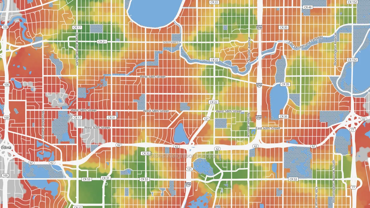 Walk Grade map of Kenny, Minneapolis, MN, walkable areas in green and car-dependent areas in red