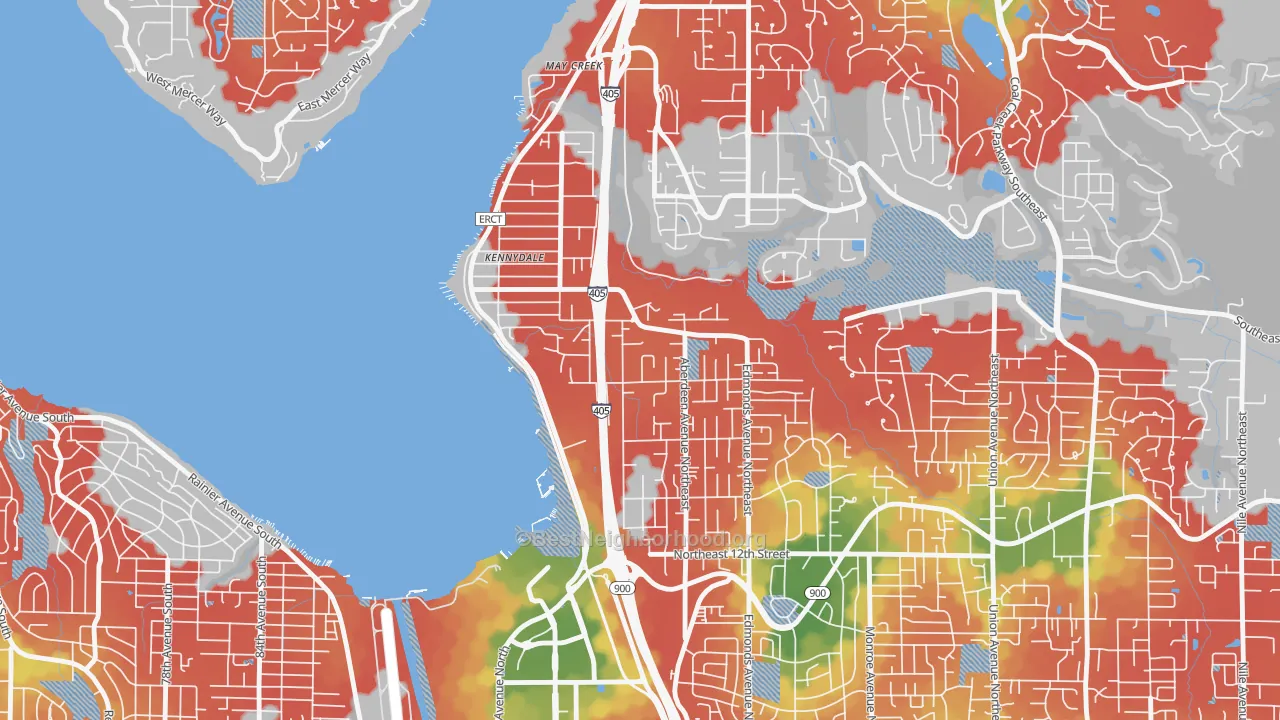 Walk Grade map of Kennydale, Renton, WA, walkable areas in green and car-dependent areas in red
