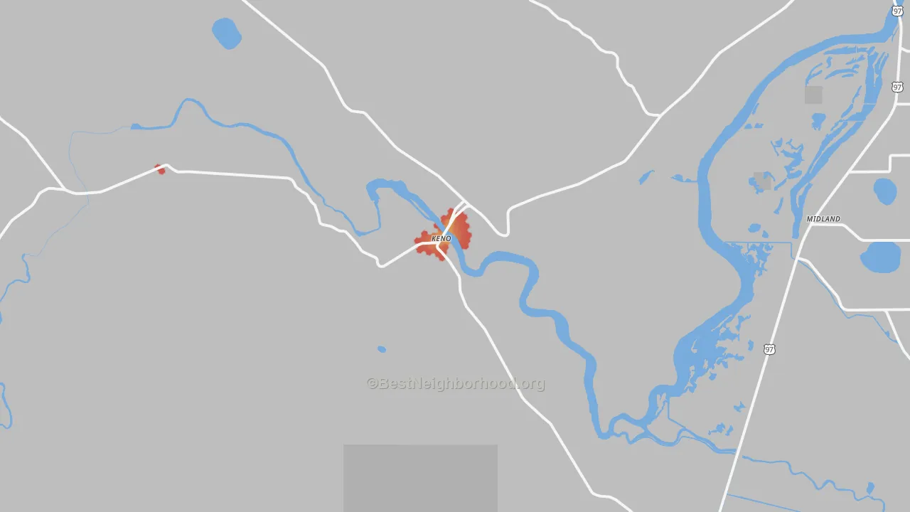Walk Grade map of Keno, OR, walkable areas in green and car-dependent areas in red