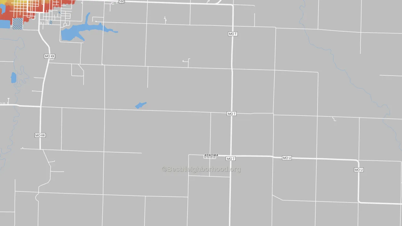 Walk Grade map of Kenoma, MO, walkable areas in green and car-dependent areas in red