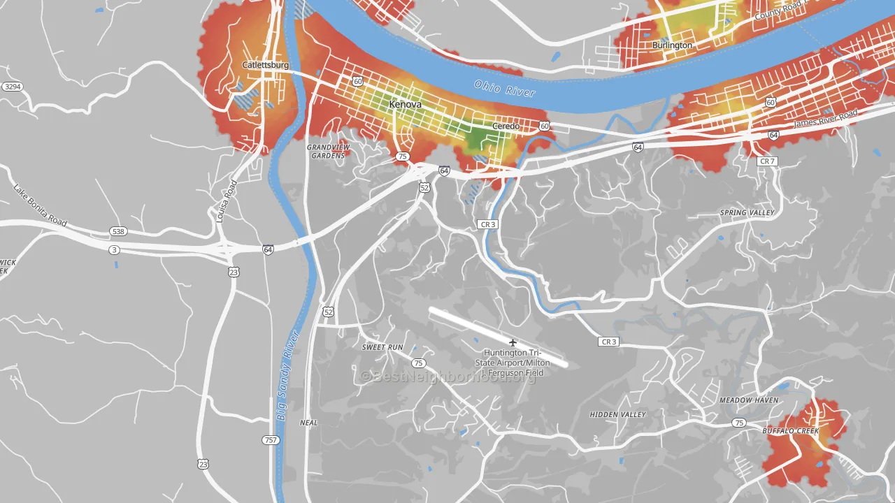 Walk Grade map of Kenova, WV, walkable areas in green and car-dependent areas in red