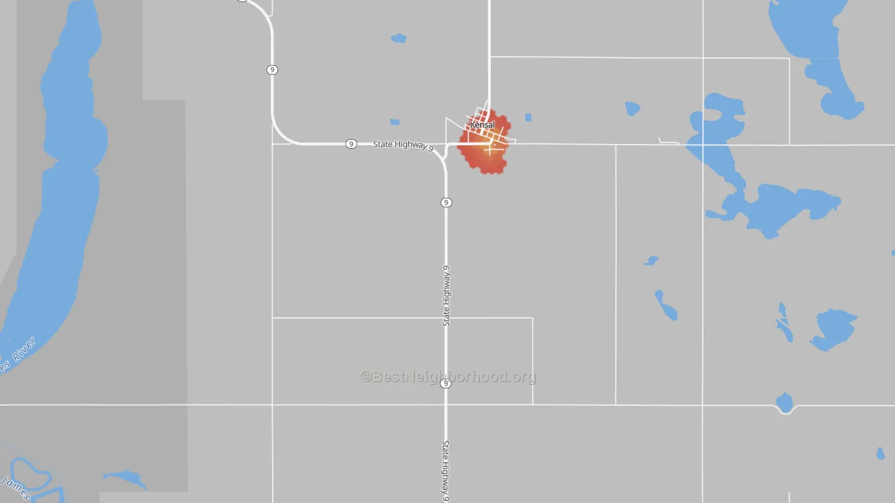 Walk Grade map of Kensal, ND, walkable areas in green and car-dependent areas in red