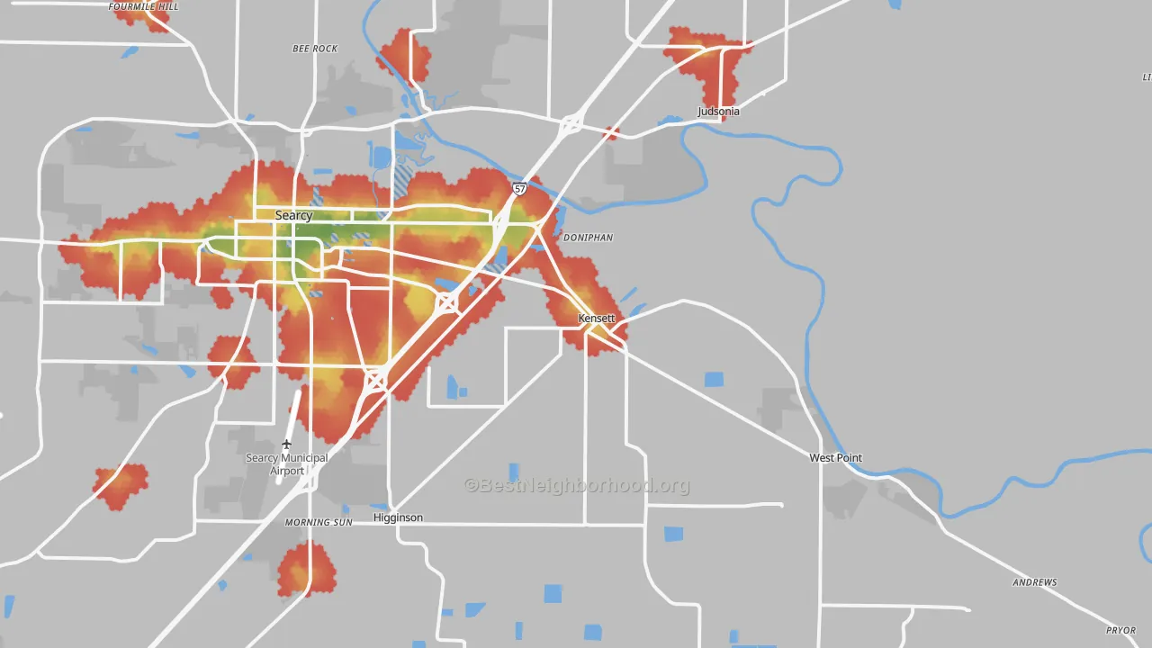 Walk Grade map of Kensett, AR, walkable areas in green and car-dependent areas in red