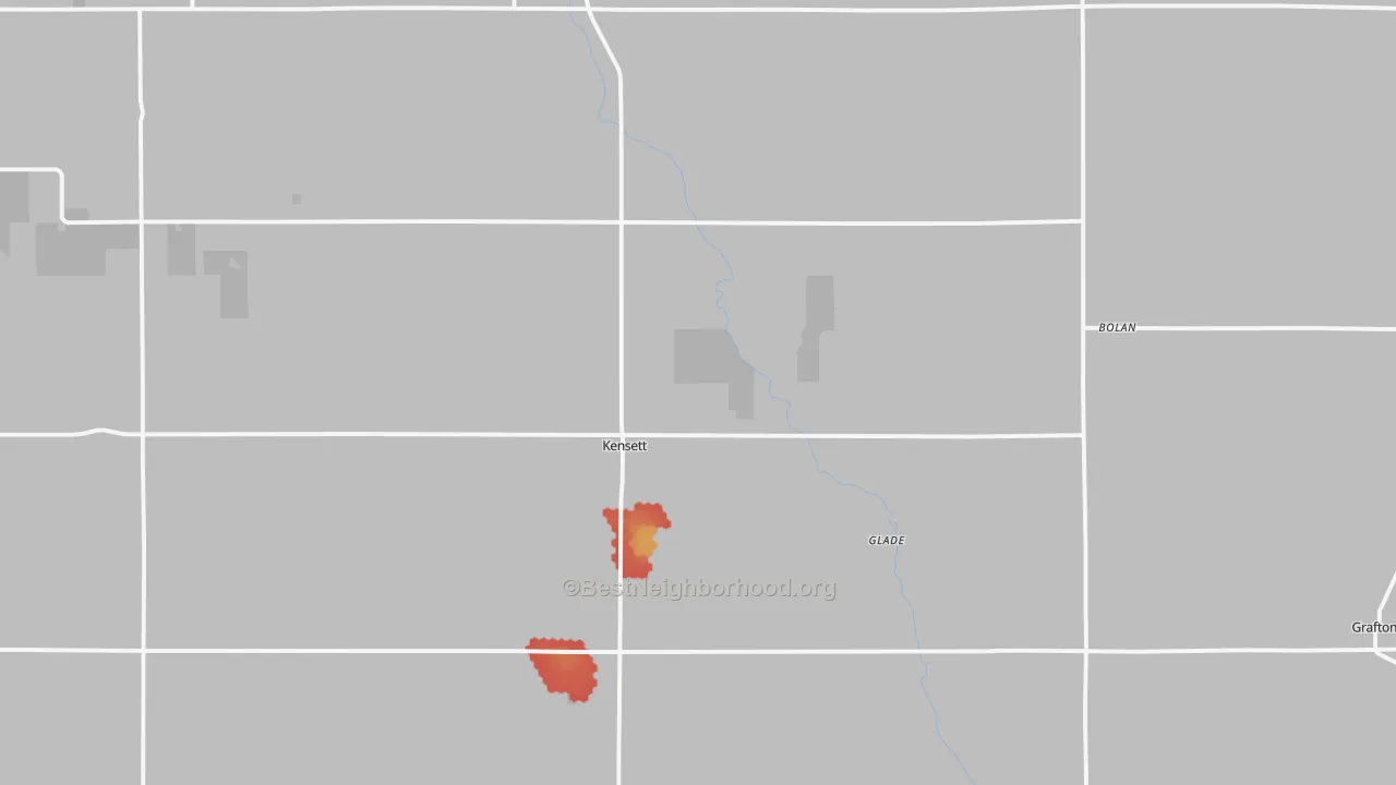 Walk Grade map of Kensett, IA, walkable areas in green and car-dependent areas in red