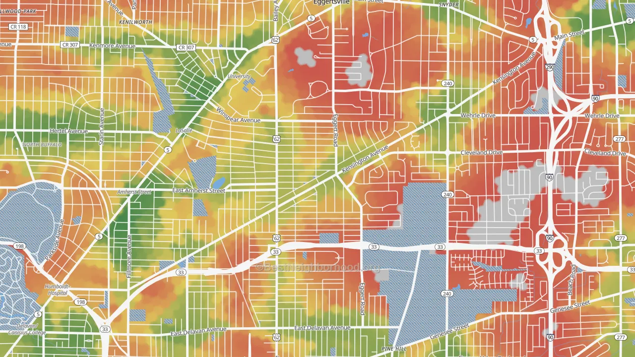 Walk Grade map of Kensington, Buffalo, NY, walkable areas in green and car-dependent areas in red