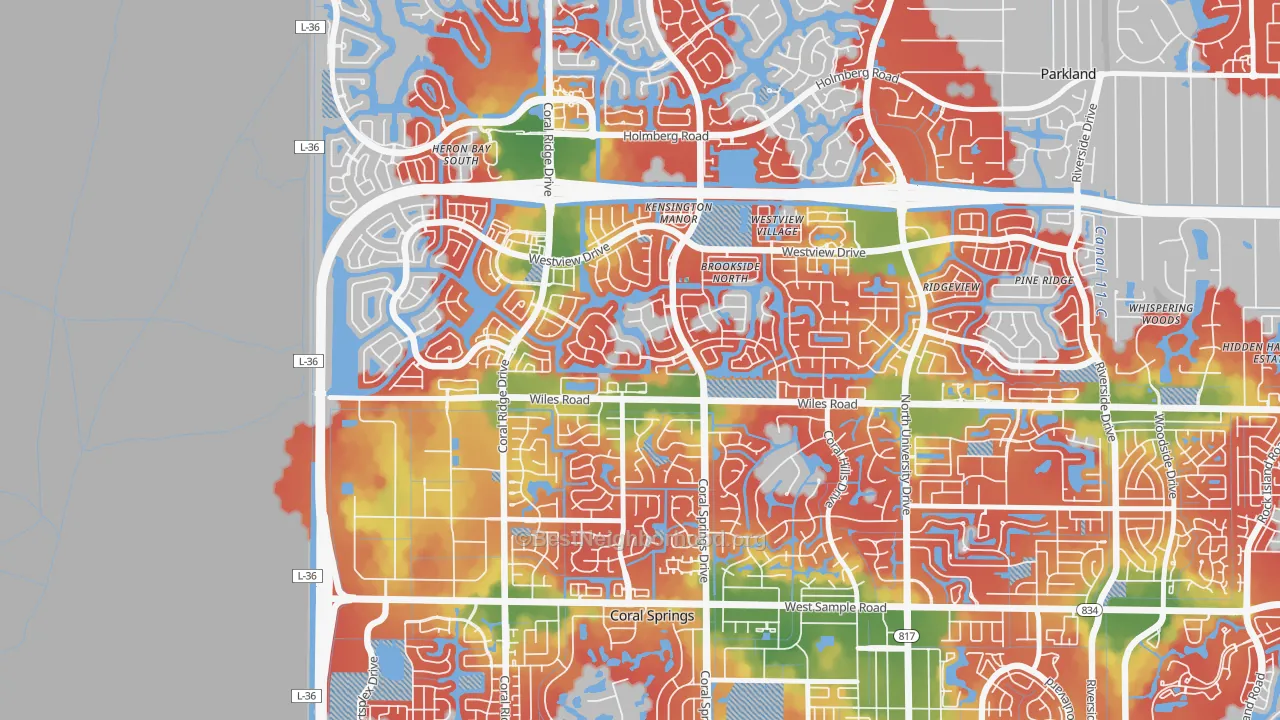 Walk Grade map of Kensington, Coral Springs, FL, walkable areas in green and car-dependent areas in red