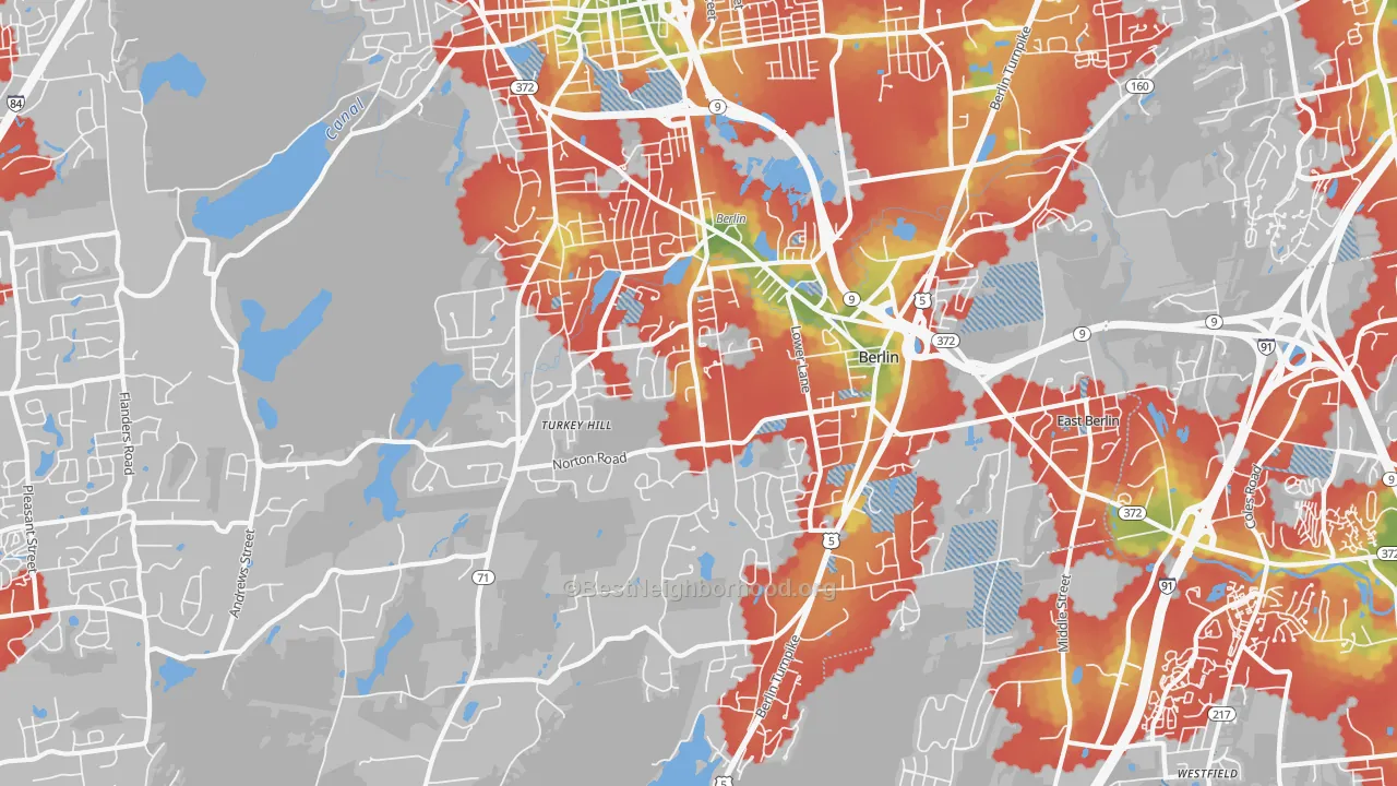 Walk Grade map of Kensington, CT, walkable areas in green and car-dependent areas in red