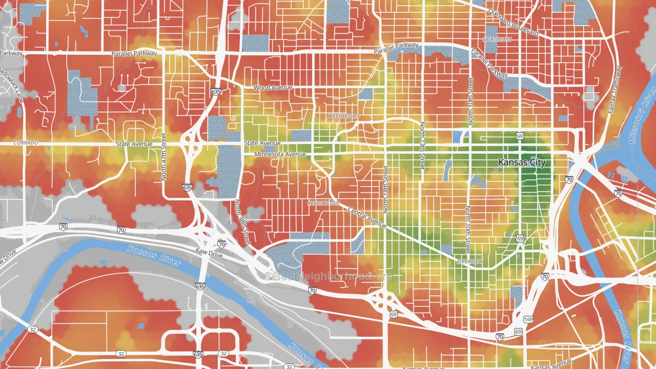 Walk Grade map of Kensington, Kansas City, KS, walkable areas in green and car-dependent areas in red