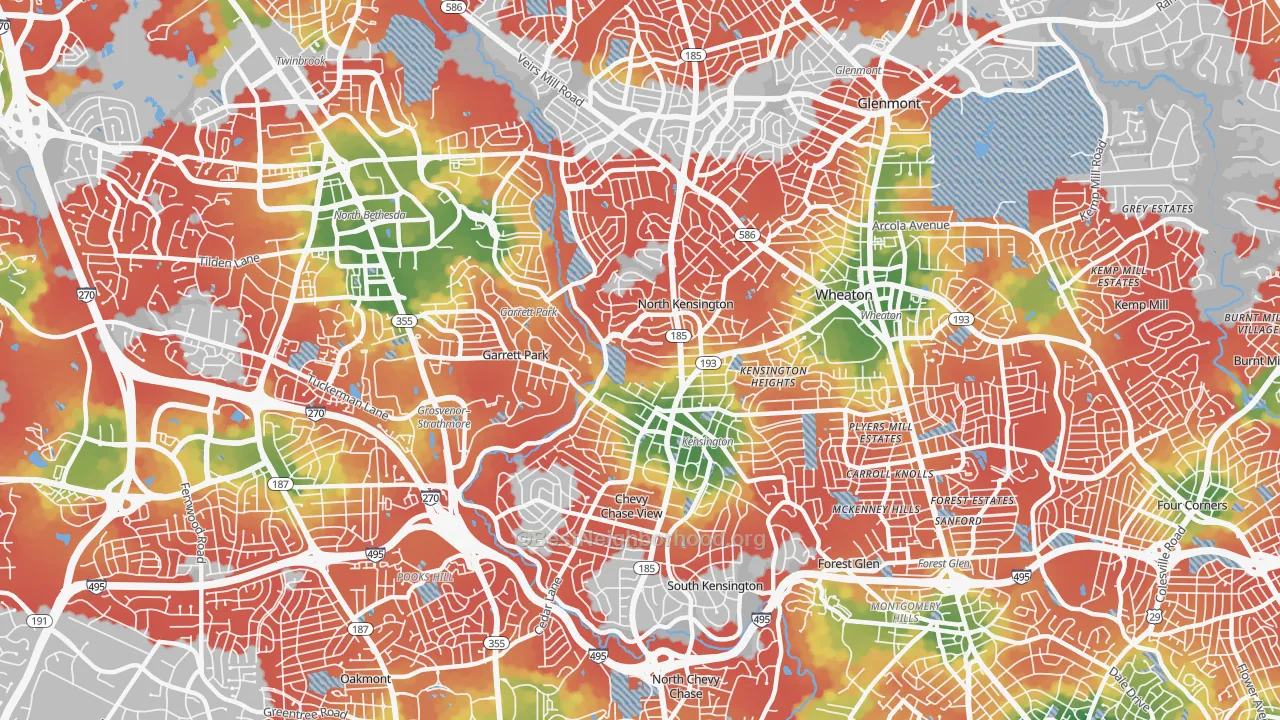 Walk Grade map of Kensington, MD, walkable areas in green and car-dependent areas in red