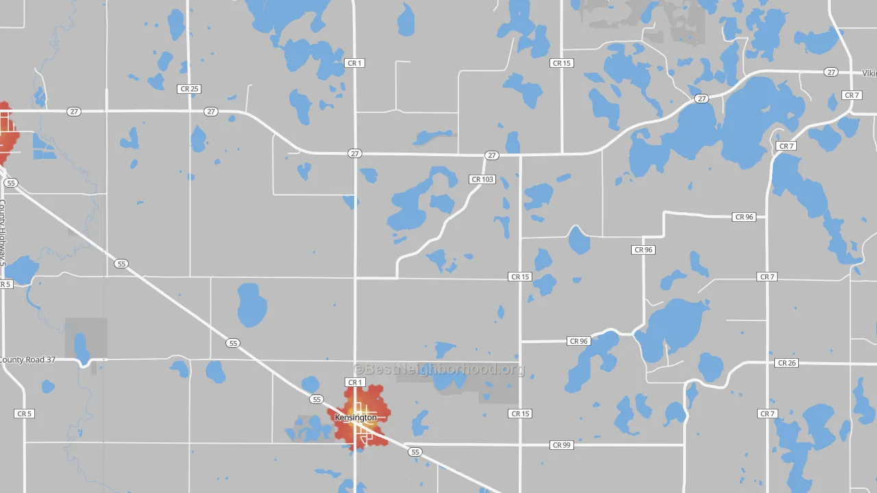 Walk Grade map of Kensington, MN, walkable areas in green and car-dependent areas in red