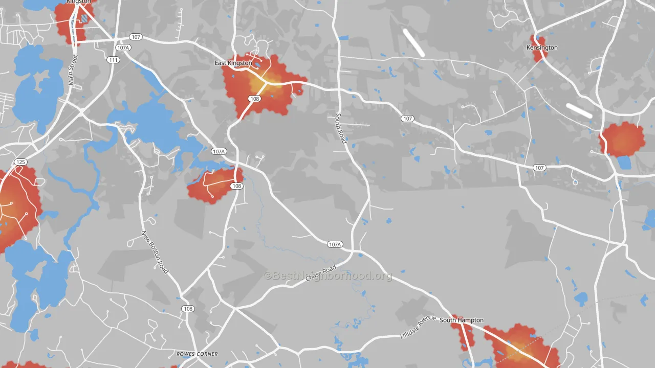 Walk Grade map of Kensington, NH, walkable areas in green and car-dependent areas in red