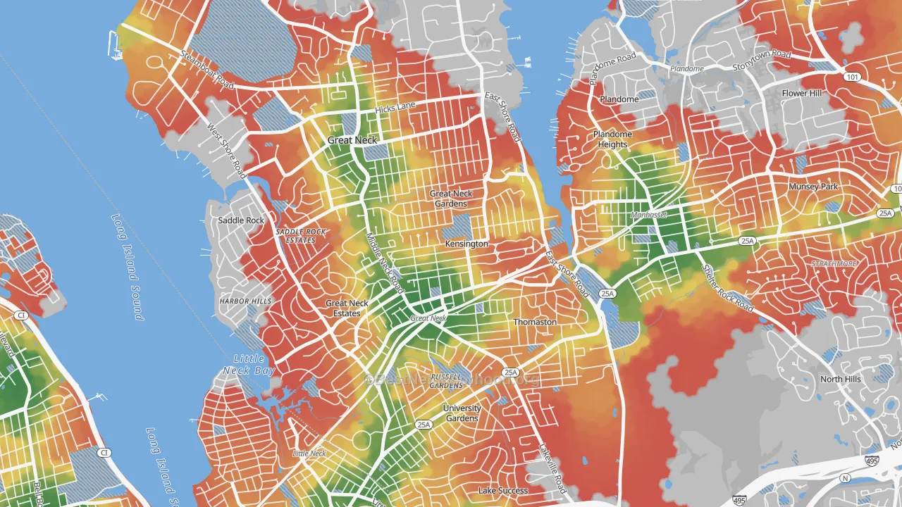 Walk Grade map of Kensington, NY, walkable areas in green and car-dependent areas in red
