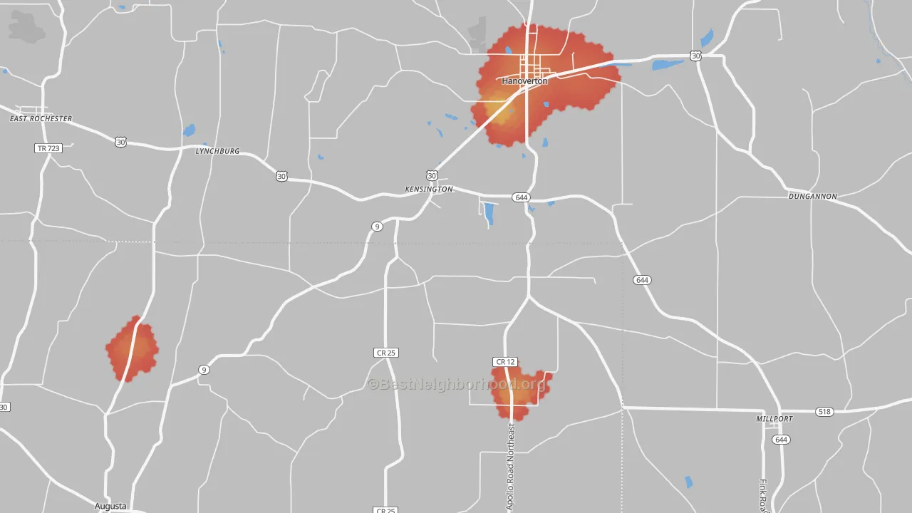 Walk Grade map of Kensington, OH, walkable areas in green and car-dependent areas in red