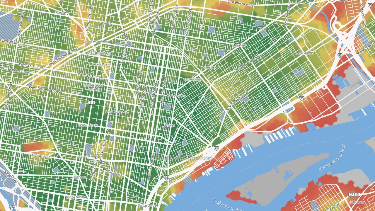 Walk Grade map of Kensington, Philadelphia, PA, walkable areas in green and car-dependent areas in red