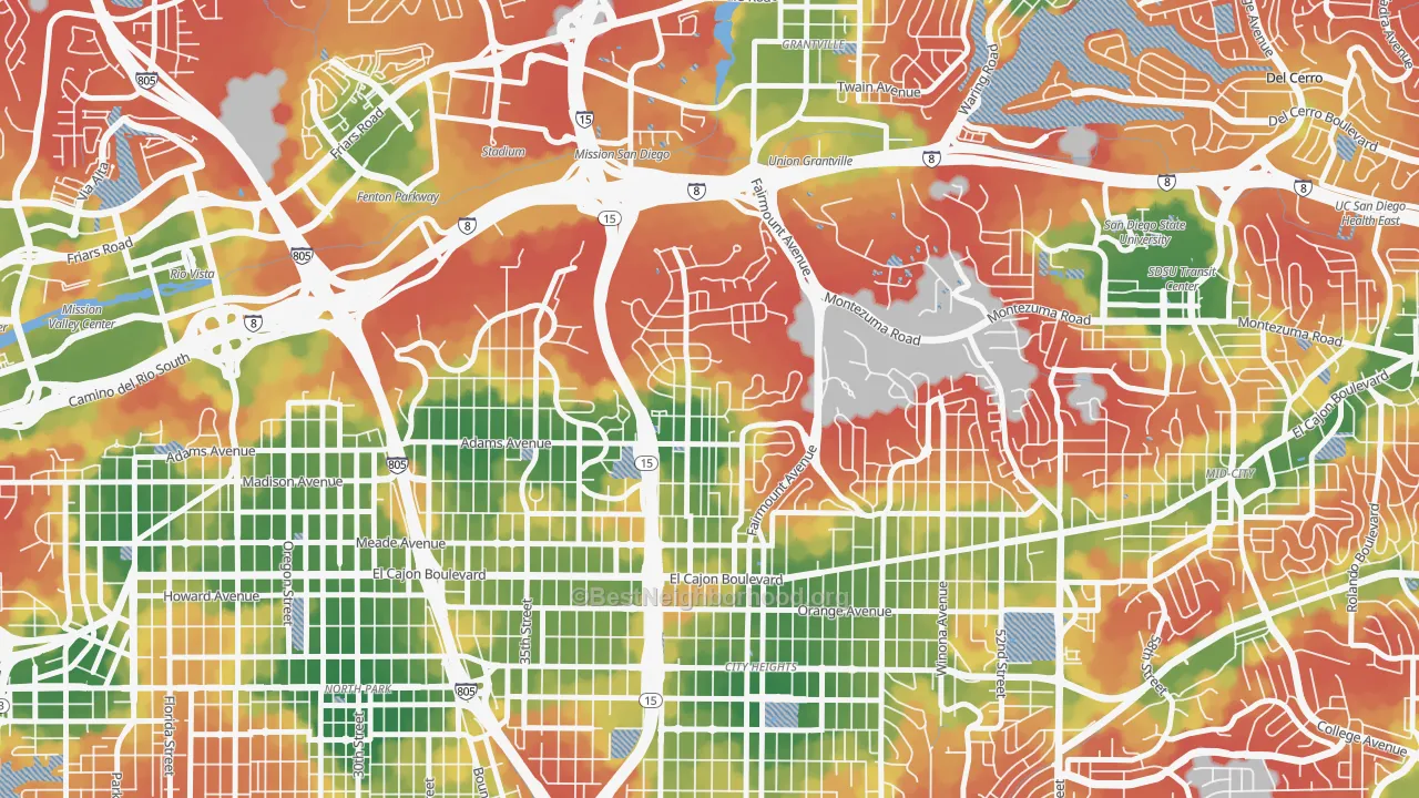 Walk Grade map of Kensington, San Diego, CA, walkable areas in green and car-dependent areas in red