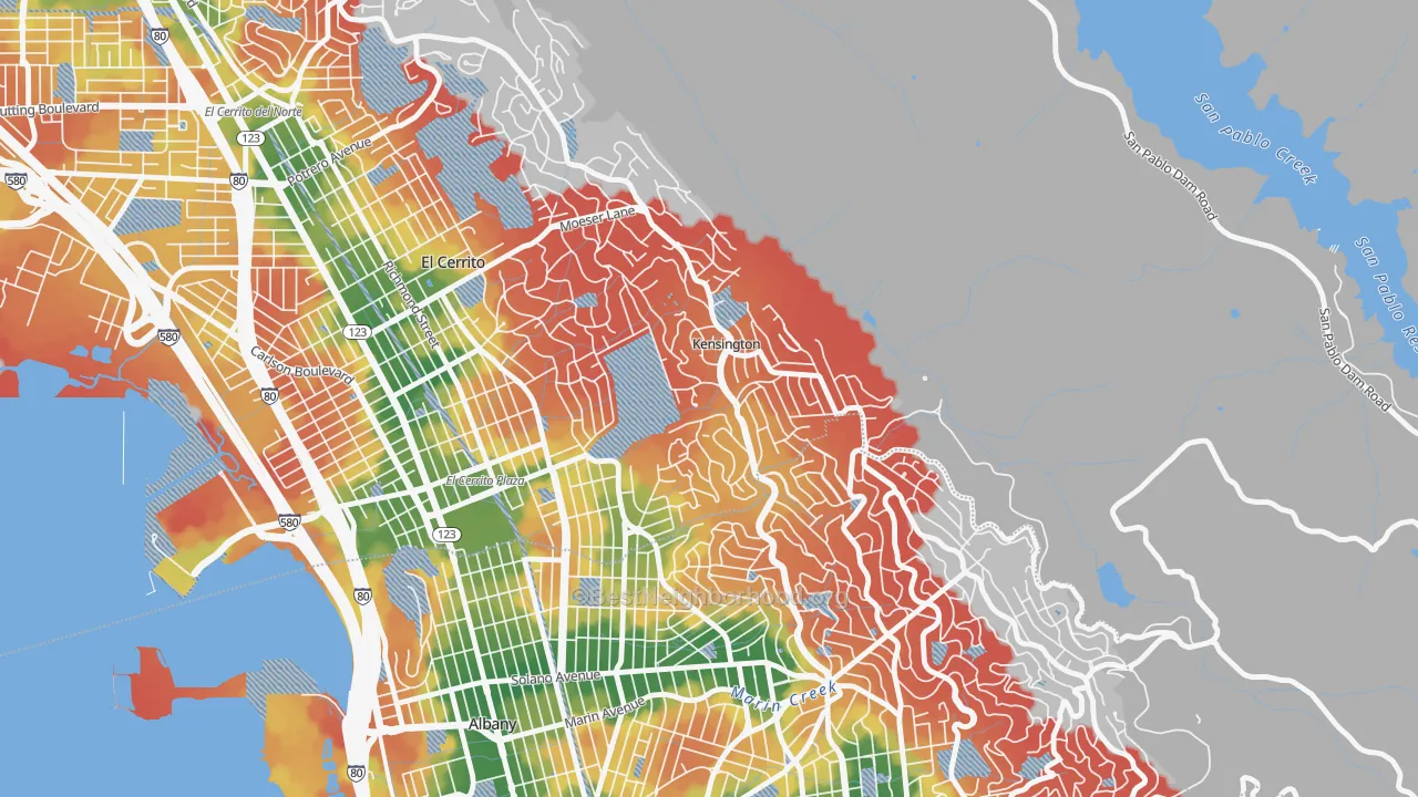 Walk Grade map of Kensington-San Francisco, Berkeley, CA, walkable areas in green and car-dependent areas in red