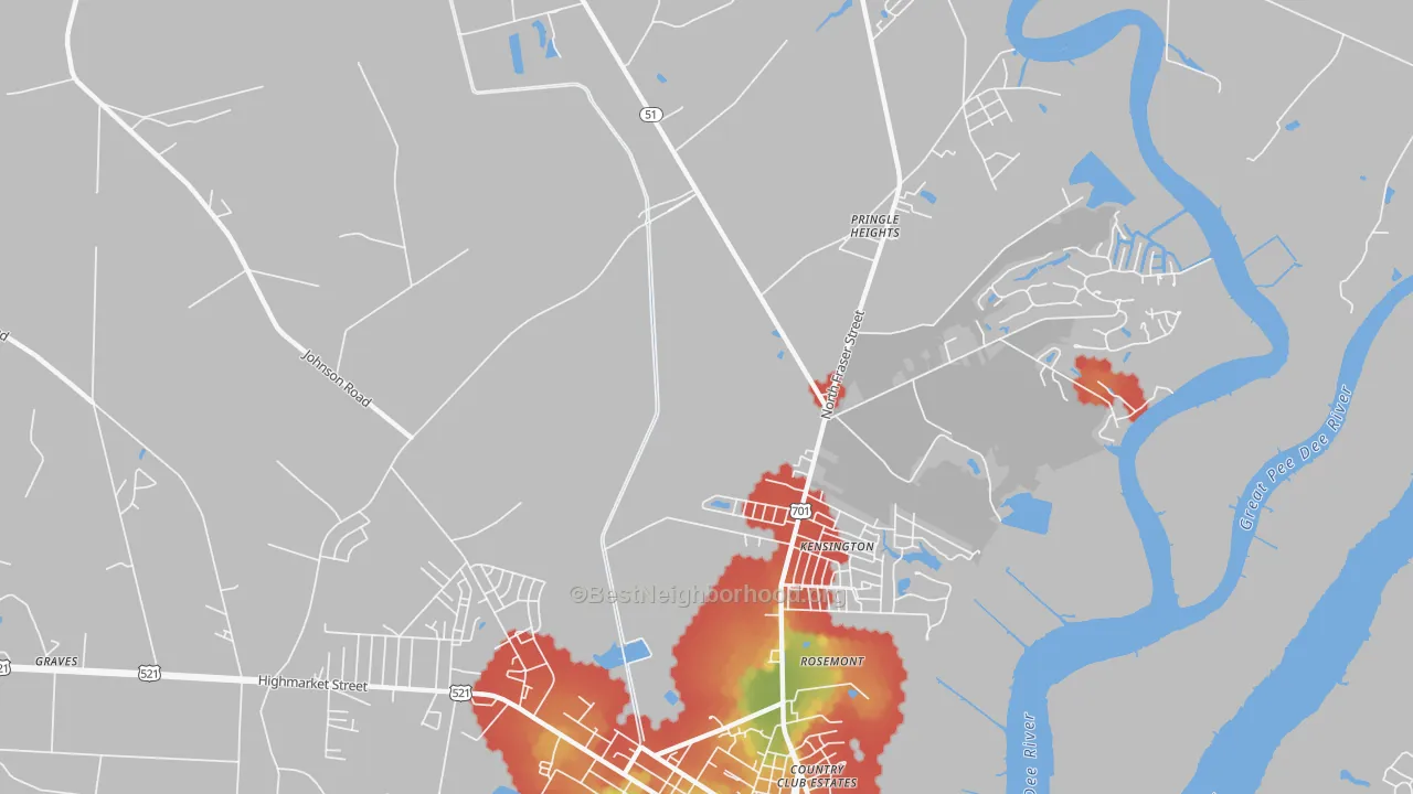 Walk Grade map of Kensington, SC, walkable areas in green and car-dependent areas in red