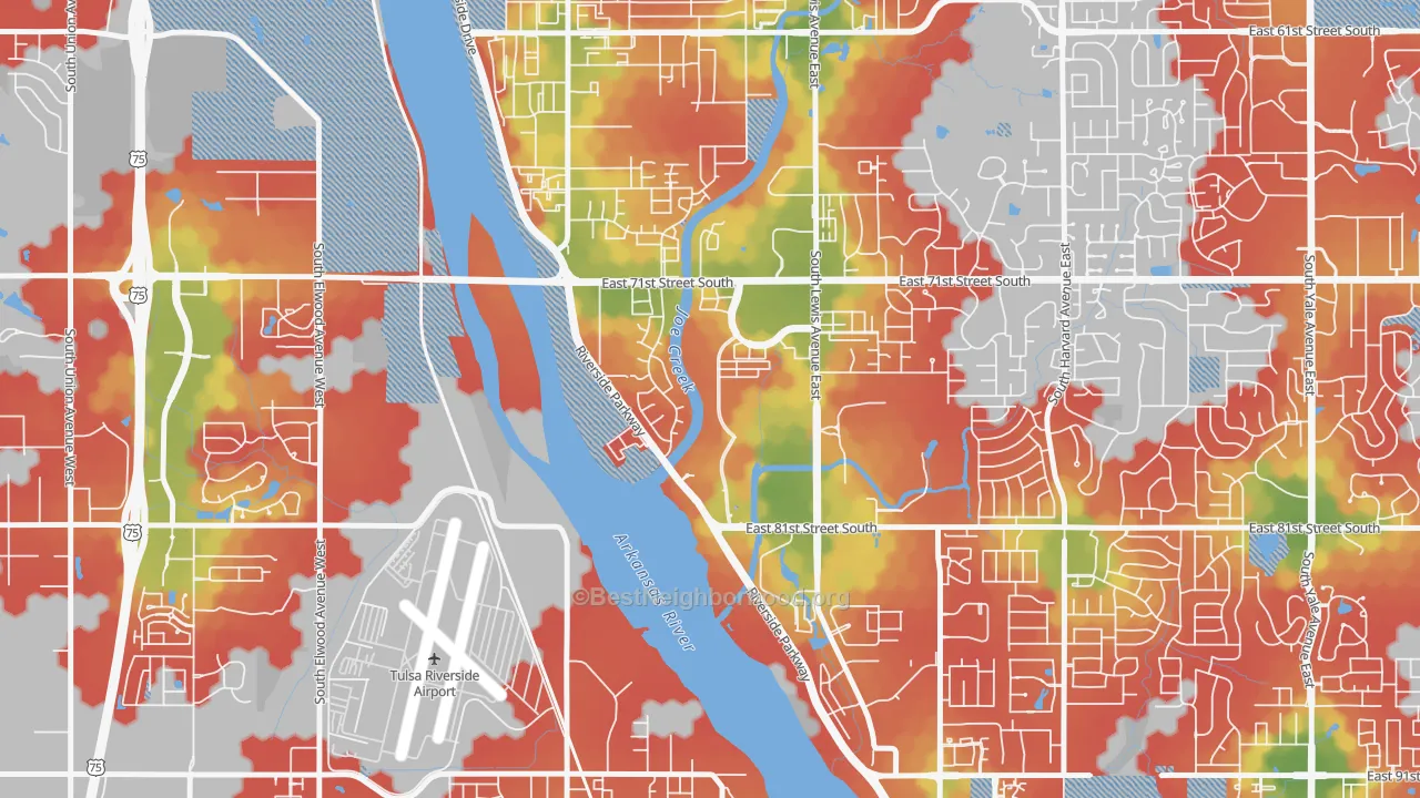 Walk Grade map of Kensington, Tulsa, OK, walkable areas in green and car-dependent areas in red
