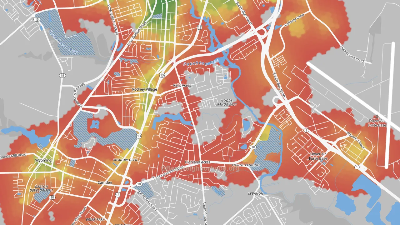 Walk Grade map of Kent Acres, Dover, DE, walkable areas in green and car-dependent areas in red