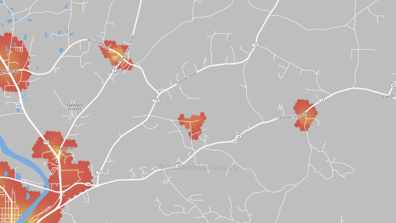 Walk Grade map of Kent, AL, walkable areas in green and car-dependent areas in red