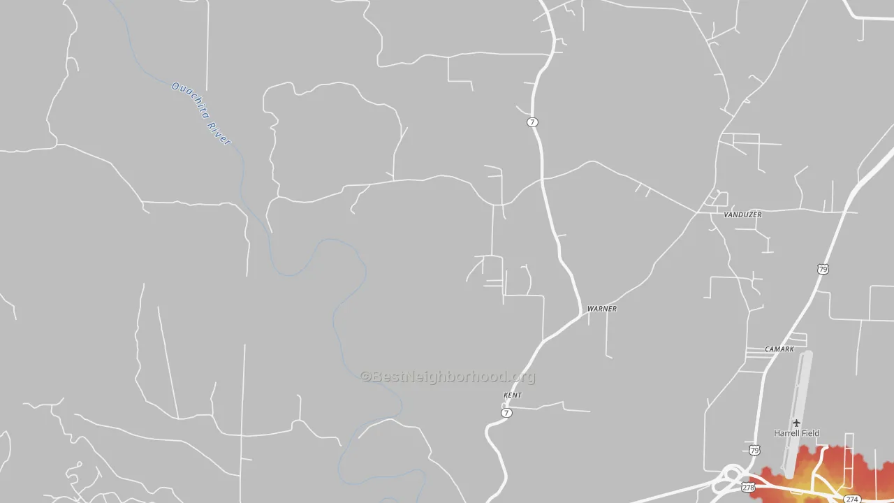 Walk Grade map of Kent, AR, walkable areas in green and car-dependent areas in red